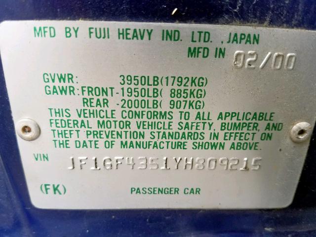 JF1GF4351YH809215 - 2000 SUBARU IMPREZA L BLUE photo 10