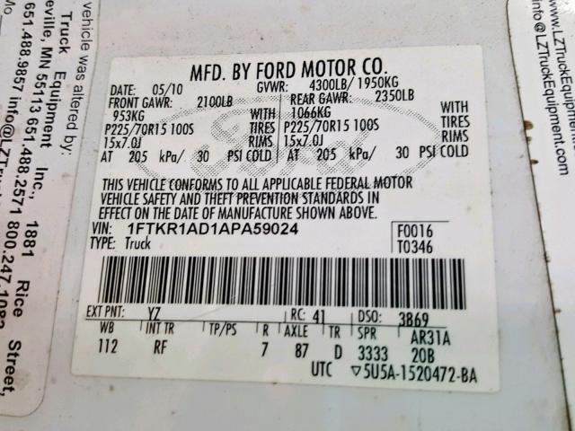 1FTKR1AD1APA59024 - 2010 FORD RANGER WHITE photo 10