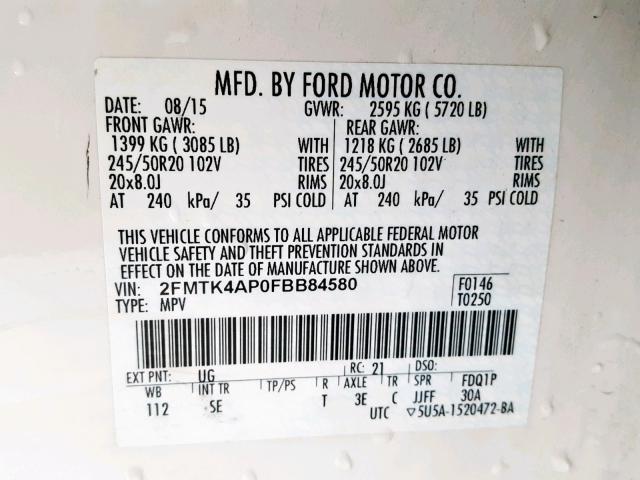 2FMTK4AP0FBB84580 - 2015 FORD EDGE SPORT WHITE photo 10