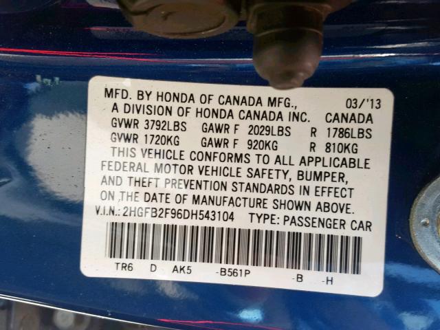 2HGFB2F96DH543104 - 2013 HONDA CIVIC EXL 蓝色 照片 10