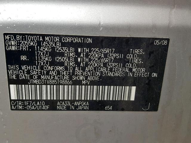 JTMBD31V885198866 - 2008 TOYOTA RAV4 LIMIT SILVER photo 10