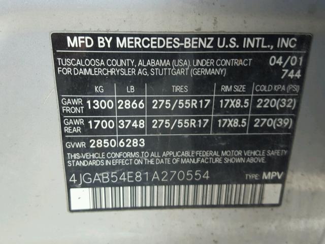 4JGAB54E81A270554 - 2001 MERCEDES-BENZ ML 320 SILVER photo 10