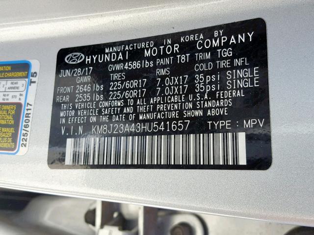 KM8J23A43HU541657 - 2017 HYUNDAI TUCSON SE SILVER photo 10