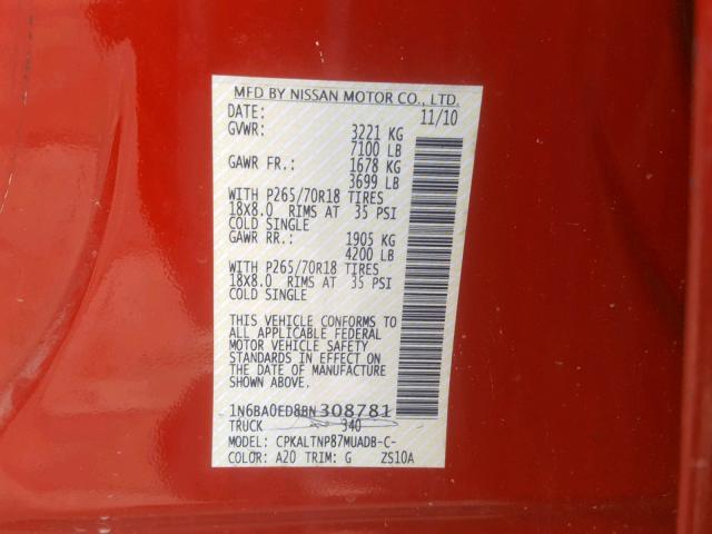 1N6BA0ED8BN308781 - 2011 NISSAN TITAN S RED photo 10