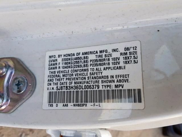 5J8TB3H36DL006379 - 2013 ACURA RDX BEIGE photo 10