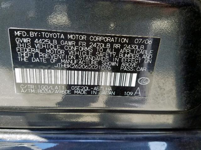 JTHBK262062021076 - 2006 LEXUS IS 250 CHARCOAL photo 10