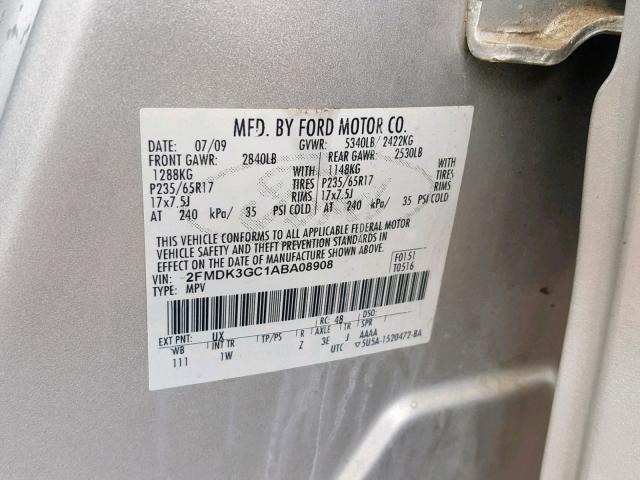 2FMDK3GC1ABA08908 - 2010 FORD EDGE SE SILVER photo 10