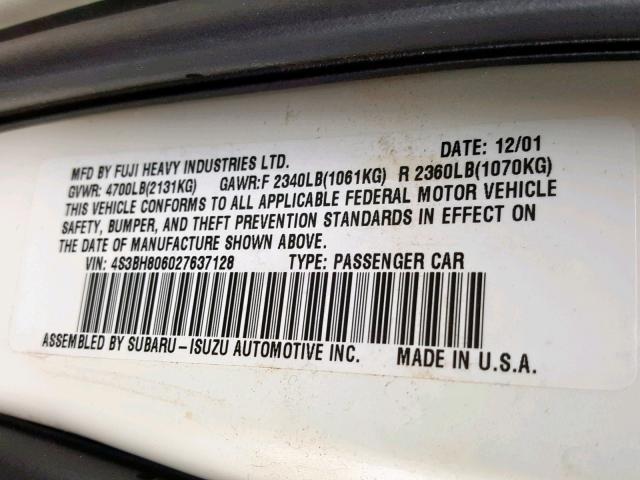 4S3BH806027637128 - 2002 SUBARU LEGACY WAG WHITE photo 10