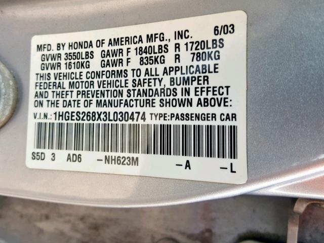 1HGES268X3L030474 - 2003 HONDA CIVIC EX ვერცხლისფერი ფოტო 10