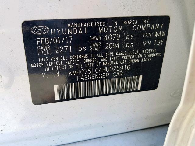 KMHC75LC4HU025916 - 2017 HYUNDAI IONIQ SEL WHITE photo 10