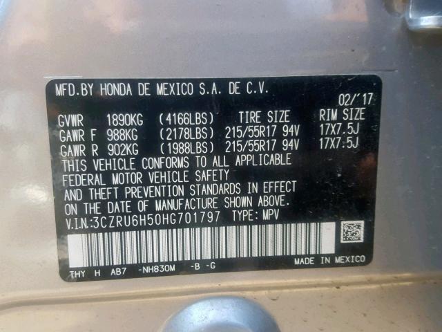 3CZRU6H50HG701797 - 2017 HONDA HR-V EX SILVER photo 10