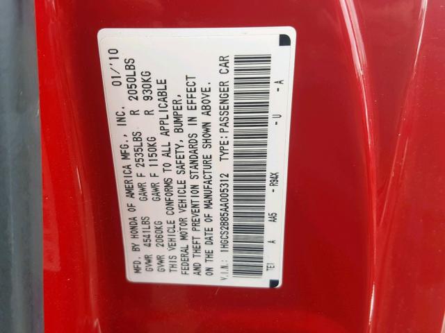 1HGCS2B85AA005312 - 2010 HONDA ACCORD EXL RED photo 10