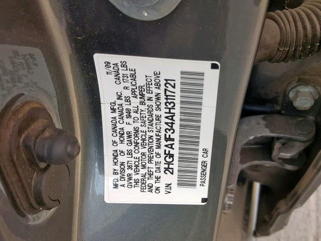 2HGFA1F34AH311721 - 2010 HONDA CIVIC VP GRAY photo 10