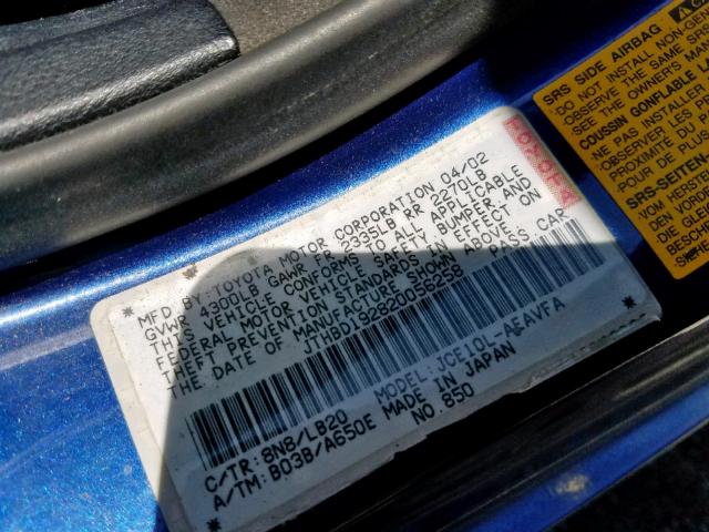 JTHBD192820056258 - 2002 LEXUS IS 300 BLUE photo 10