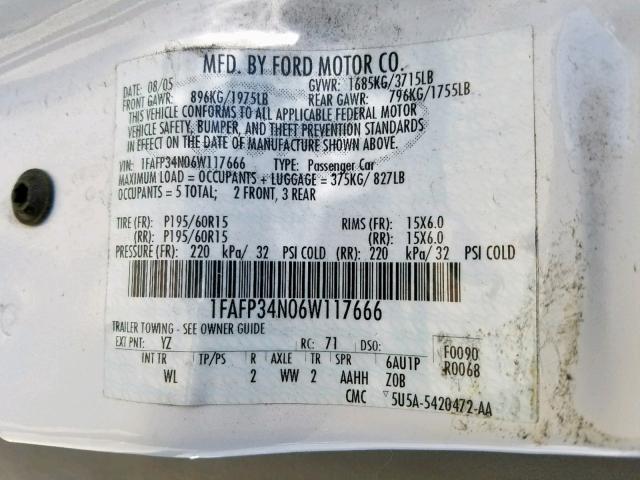 1FAFP34N06W117666 - 2006 FORD FOCUS ZX4 WHITE photo 10