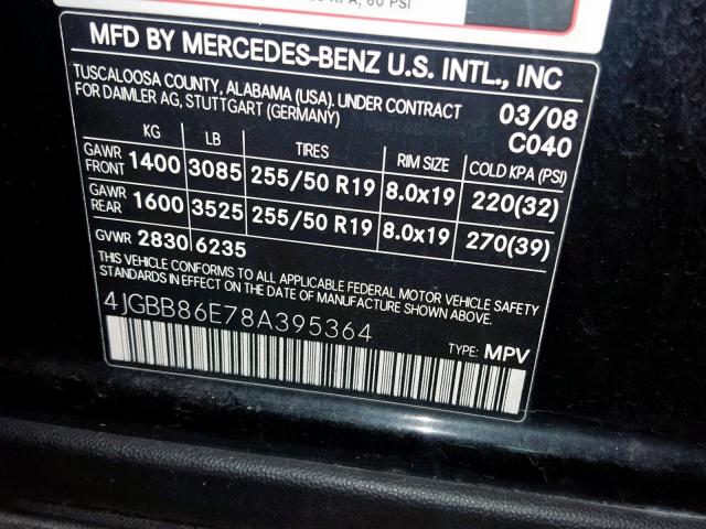 4JGBB86E78A395364 - 2008 MERCEDES-BENZ ML 350 BLACK photo 10