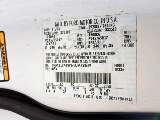 1FMZU74W64UA78649 - 2004 FORD EXPLORER E WHITE photo 10