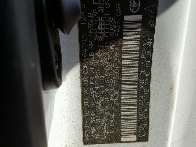 JTKDE177360113289 - 2006 TOYOTA SCION TC თეთრი ფოტო 10