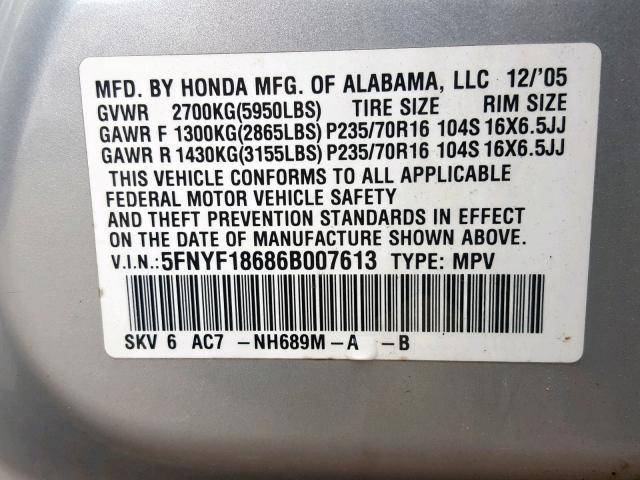 5FNYF18686B007613 - 2006 HONDA PILOT EX SILVER photo 10