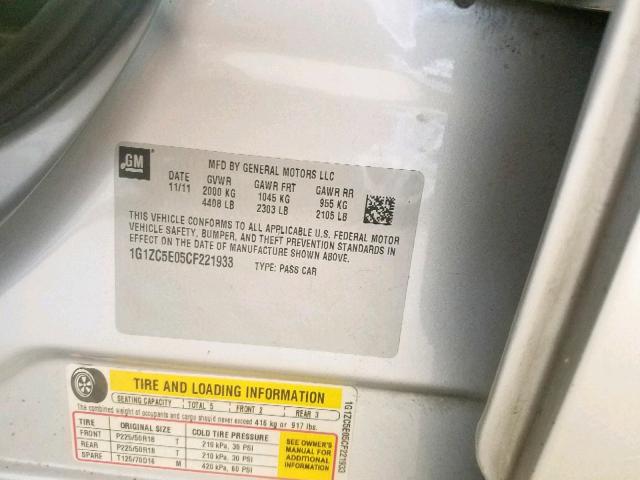 1G1ZC5E05CF221933 - 2012 CHEVROLET MALIBU 1LT 银色 照片 10