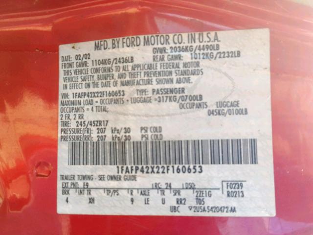 1FAFP42X22F160653 - 2002 FORD MUSTANG GT RED photo 10