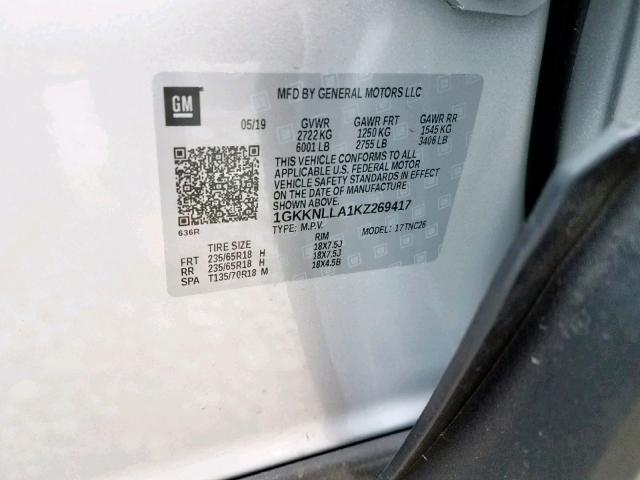 1GKKNLLA1KZ269417 - 2019 GMC ACADIA SLE SILVER photo 10