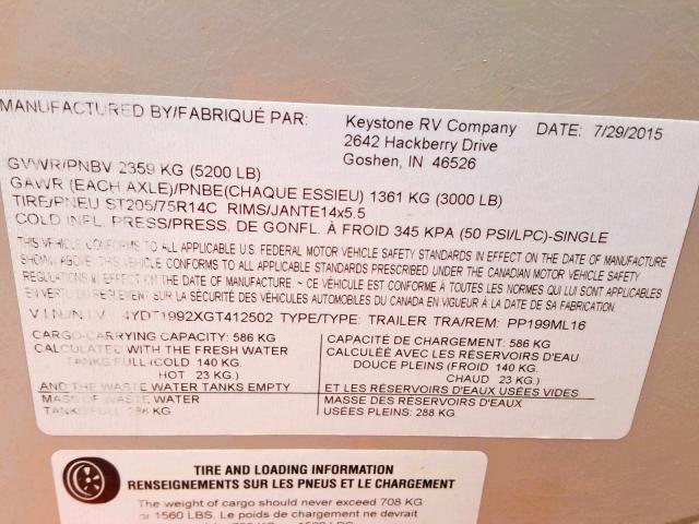 4YDT1992XGT412502 - 2016 KEYSTONE PASSPORT TAN photo 10