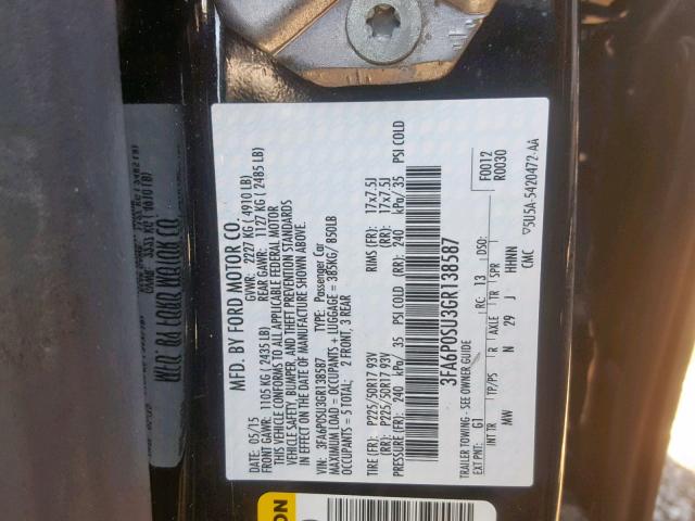 3FA6P0SU3GR138587 - 2016 FORD FUSION TIT BLACK photo 10