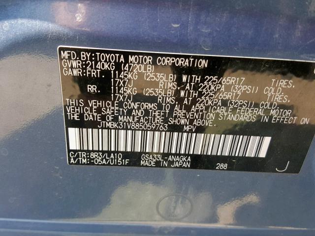 JTMBK31V885059763 - 2008 TOYOTA RAV4 LIMIT BLUE photo 10