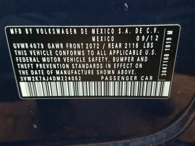 3VW2K7AJ4DM224052 - 2013 VOLKSWAGEN JETTA BASE Կապույտ լուսանկար 10