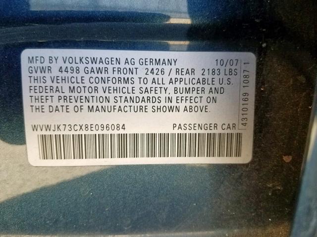 WVWJK73CX8E096084 - 2008 VOLKSWAGEN PASSAT TUR BLUE photo 10