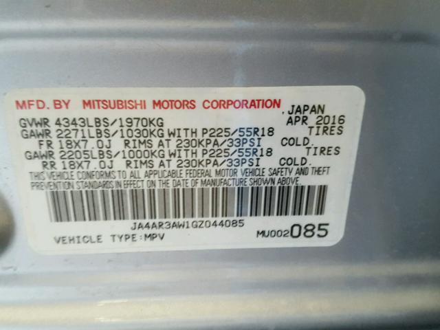 JA4AR3AW1GZ044085 - 2016 MITSUBISHI OUTLANDER SILVER photo 10