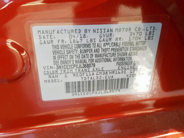 3N1CE2CPXJL368079 - 2018 NISSAN VERSA NOTE RED photo 10