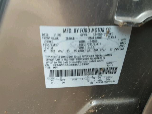 2FMDK38C58BA33352 - 2008 FORD EDGE SEL SILVER photo 10