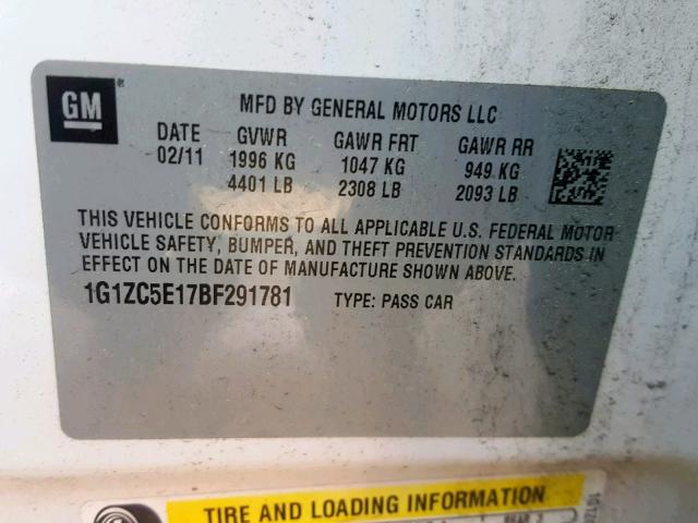 1G1ZC5E17BF291781 - 2011 CHEVROLET MALIBU 1LT 白色 照片 10