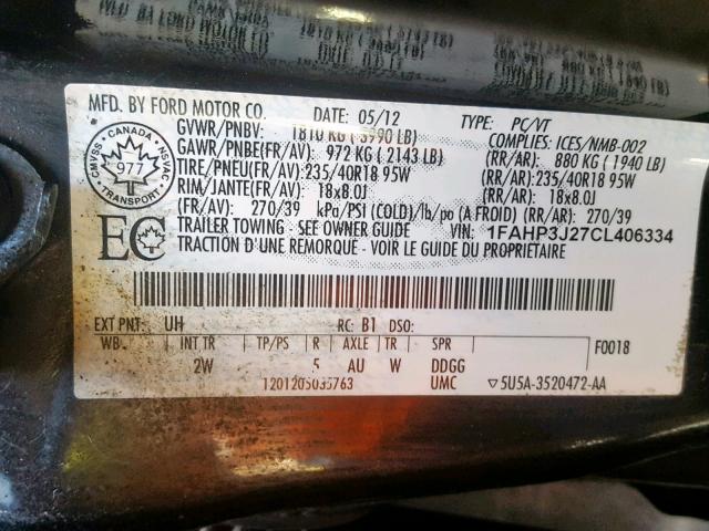 1FAHP3J27CL406334 - 2012 FORD FOCUS TITA BLACK photo 10