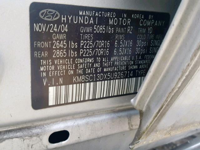 KM8SC13DX5U926714 - 2005 HYUNDAI SANTA FE G SILVER photo 10