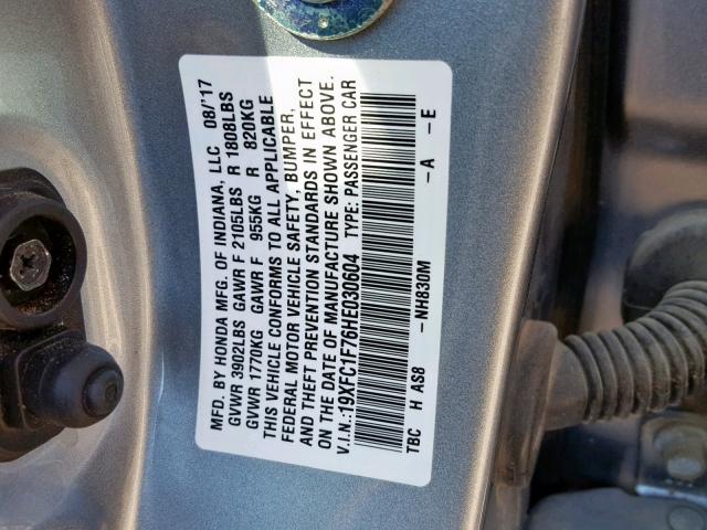 19XFC1F76HE030604 - 2017 HONDA CIVIC EXL 银色 照片 10