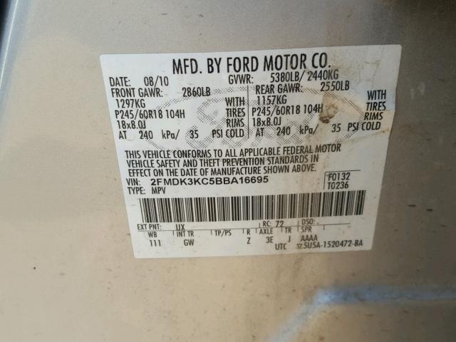 2FMDK3KC5BBA16695 - 2011 FORD EDGE LIMIT SILVER photo 10