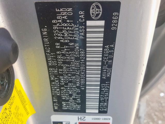 4T1BB3EK2BU142887 - 2011 TOYOTA CAMRY HYBR SILVER photo 10