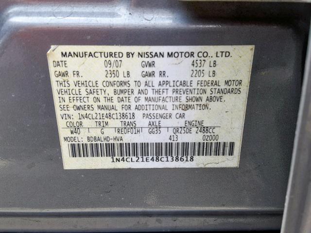 1N4CL21E48C138618 - 2008 NISSAN ALTIMA HYB GRAY photo 10