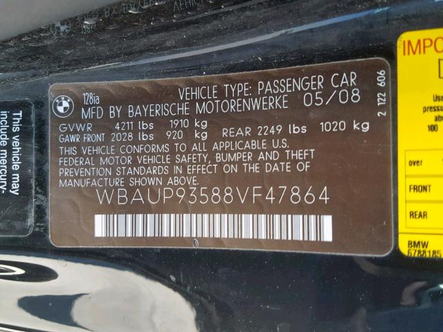 WBAUP93588VF47864 - 2008 BMW 128 I BLACK photo 10