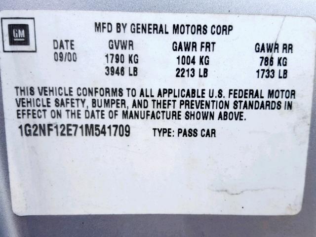 1G2NF12E71M541709 - 2001 PONTIAC GRAND AM S SILVER photo 10