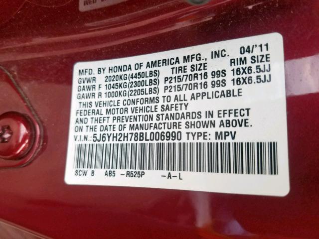 5J6YH2H78BL006990 - 2011 HONDA ELEMENT EX MAROON photo 10