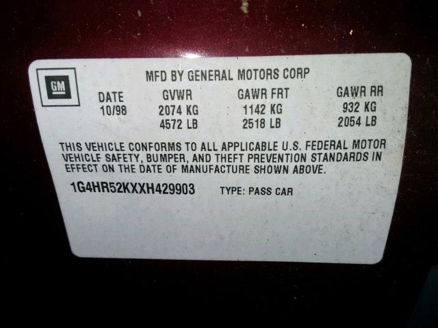 1G4HR52KXXH429903 - 1999 BUICK LESABRE LI BURGUNDY photo 10