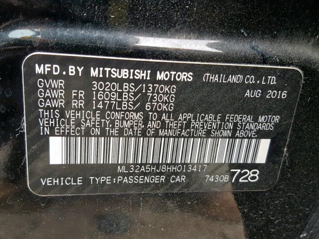 ML32A5HJ8HH013417 - 2017 MITSUBISHI MIRAGE GT BLACK photo 10