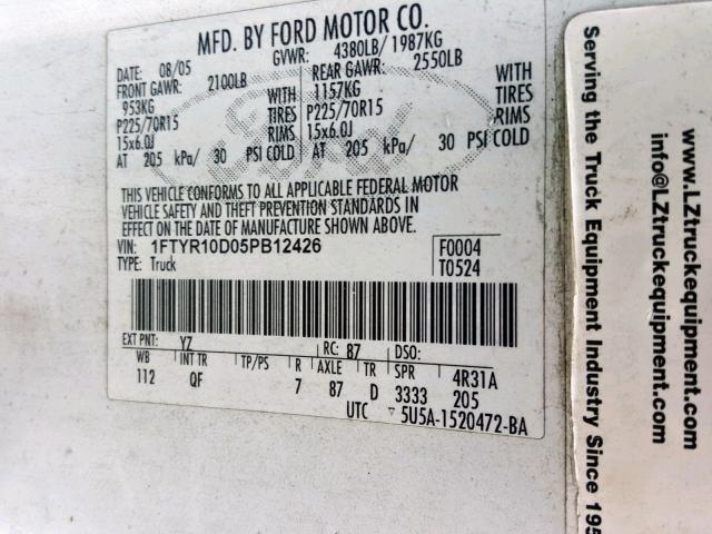 1FTYR10D05PB12426 - 2005 FORD RANGER WHITE photo 10