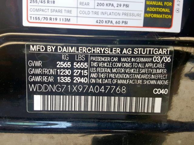 WDDNG71X97A047768 - 2007 MERCEDES-BENZ S 550 BLACK photo 10