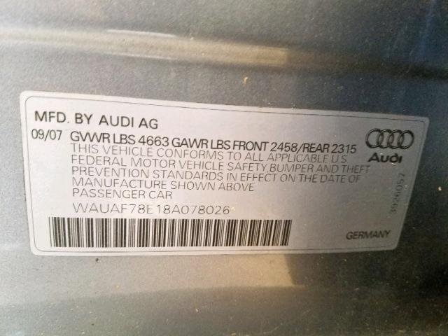 WAUAF78E18A078026 - 2008 AUDI A4 2.0T GRAY photo 10