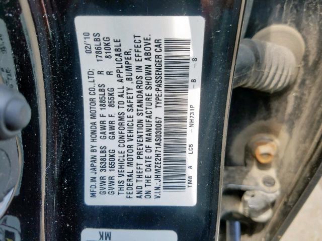 JHMZE2H71AS030067 - 2010 HONDA INSIGHT EX BLACK photo 10